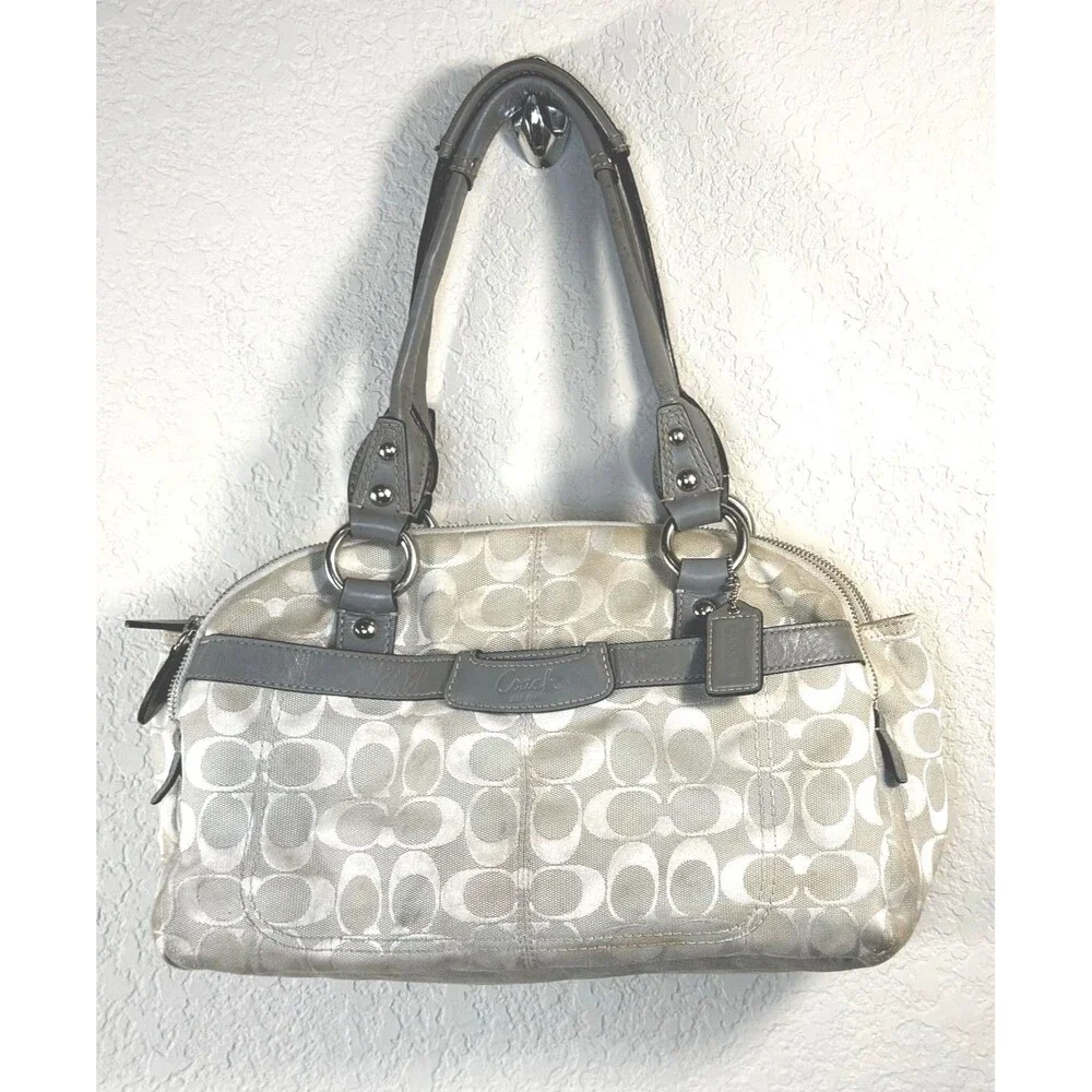 Y2K COACH Ashley Signature Sateen Satchel Handbag F15443 Grey Silver Jacquard